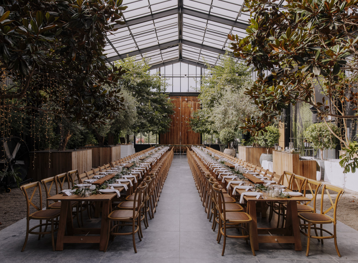 An elegant dining setup within the industrial-chic, glass-walled Glasshouse Morningside in Auckland, featuring lush indoor greenery.