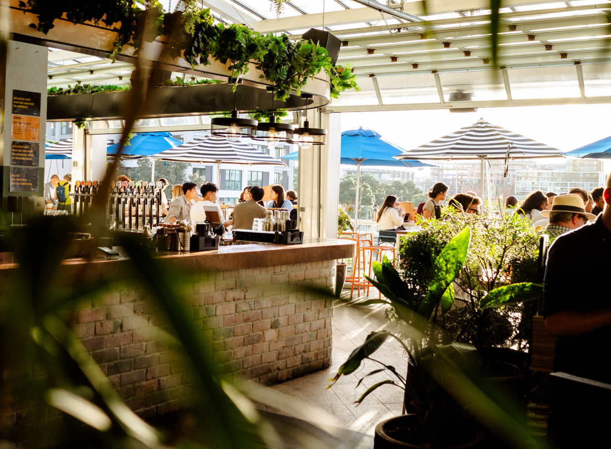 A vibrant modern rooftop bar at Dr Rudi's in Auckland, bustling with patrons enjoying drinks and views of the Viaduct Harbour.