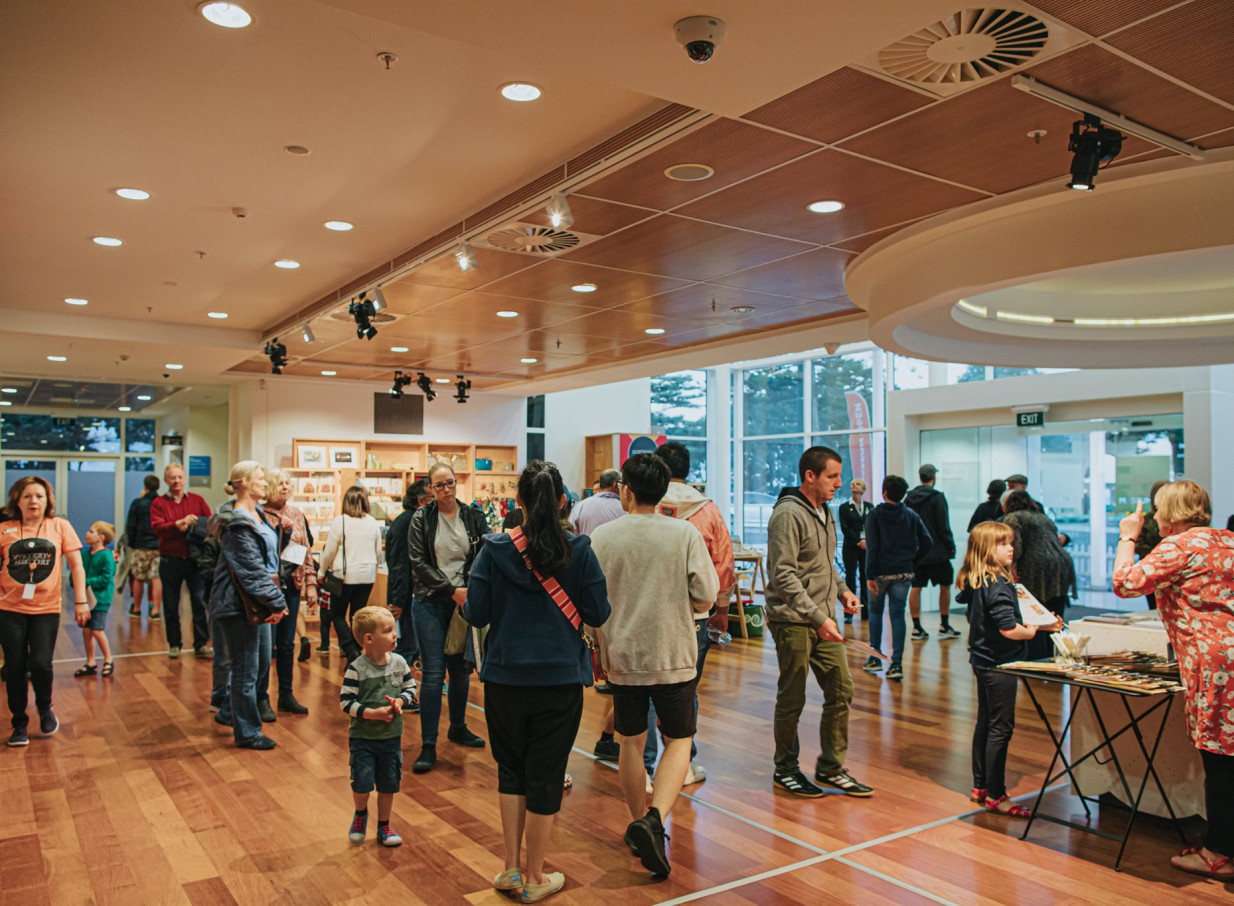 A bustling, modern, light-filled gallery space at Museum Theatre Gallery in Hawke's Bay.