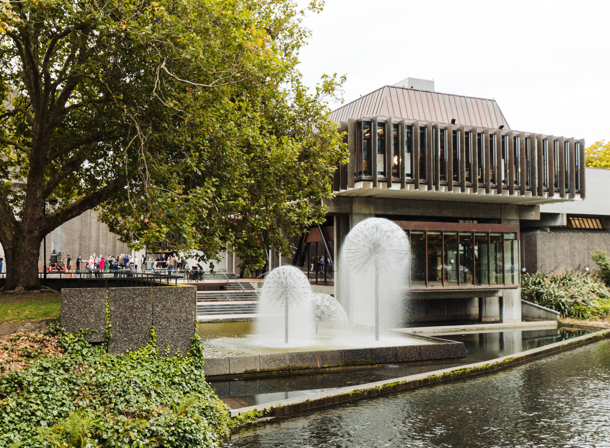 External view of Christchurch Town Hall on the Avon River